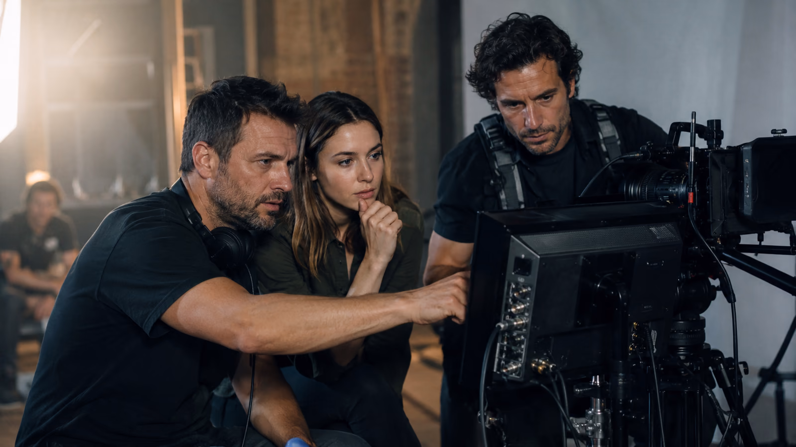 Réalisateur et équipe technique contrôlant l’image sur un plateau de tournage